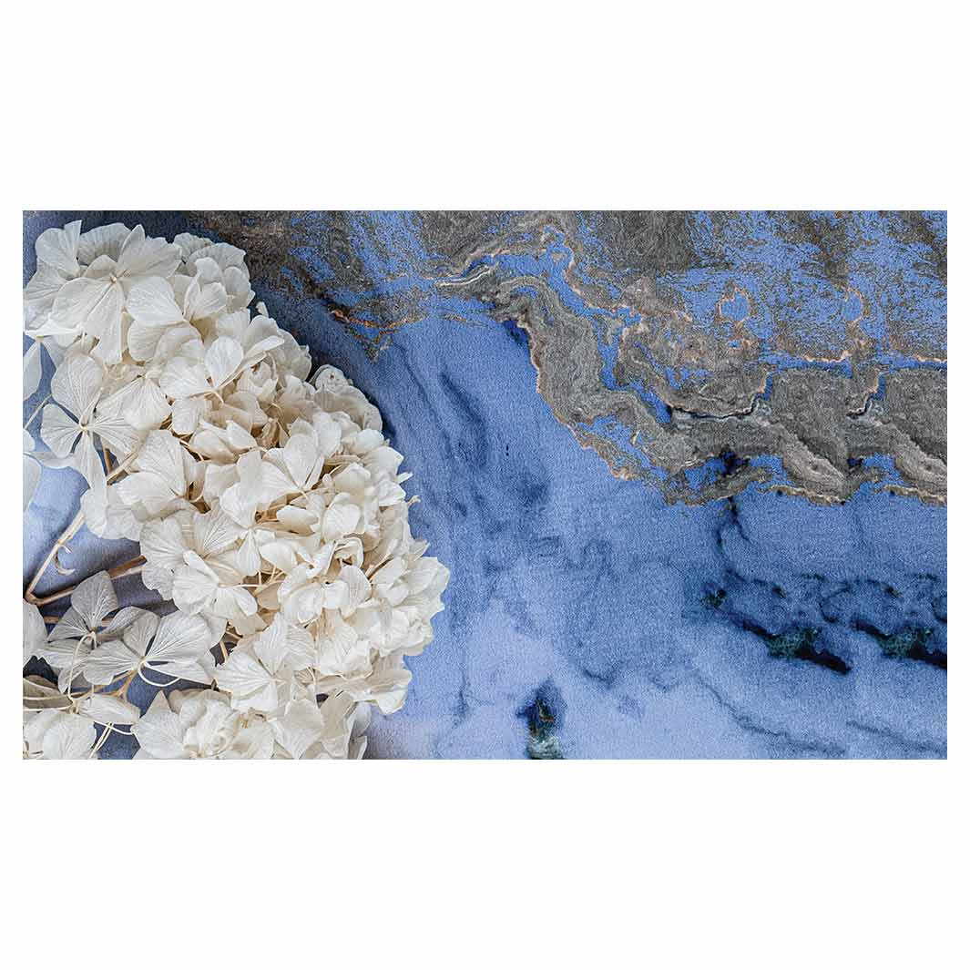 FLORAL CREAM BLEACHED HYDRANGEAS ON BLUE RECTANGULAR SCATTER CUSHION