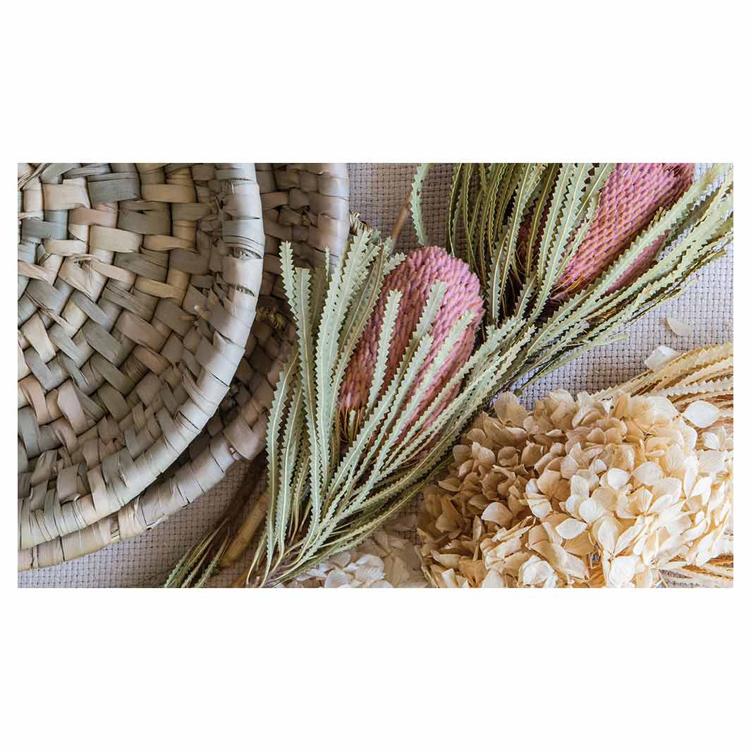 FLORAL CREAM AND GREY BASKET WITH PINK BANKSEAS RECTANGULAR SCATTER CUSHION