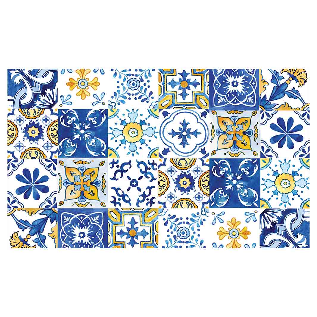 PATTERN BLUE AND YELLOW WATERCOLOUR LISBON TILE RECTANGULAR SCATTER CUSHION