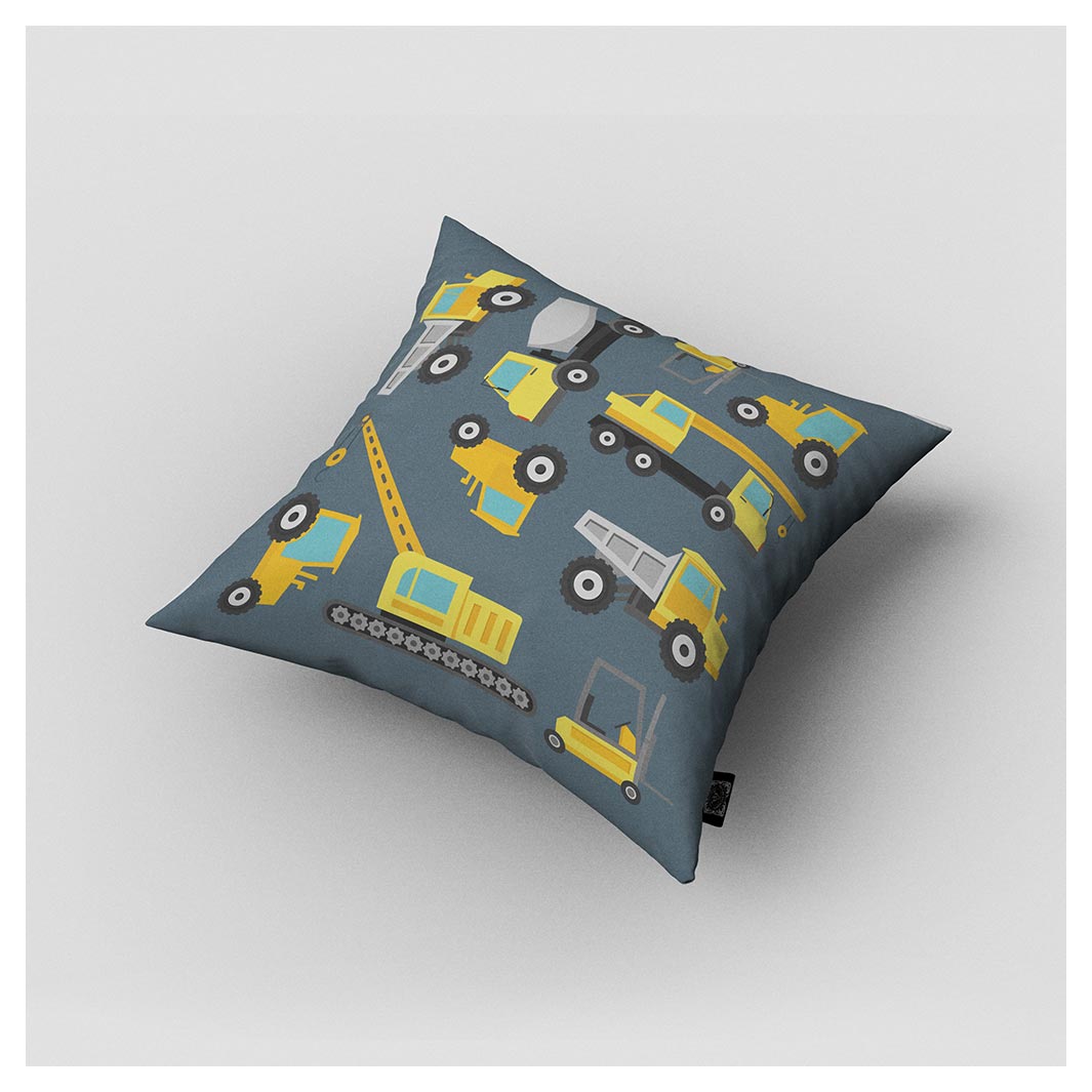 KIDS BLUE YELLOW CONSTRUCTION TRUCKS CUSHION