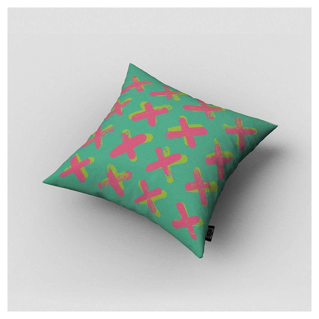 KIDS PINK AND GREEN CROSS PATTERN CUSHION