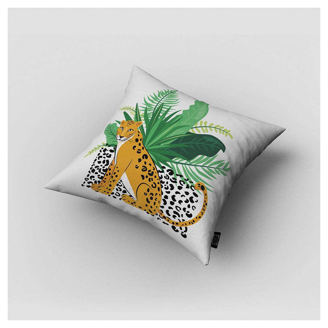 KIDS GREEN JUNGLE LEOPARD LEAVES CUSHION