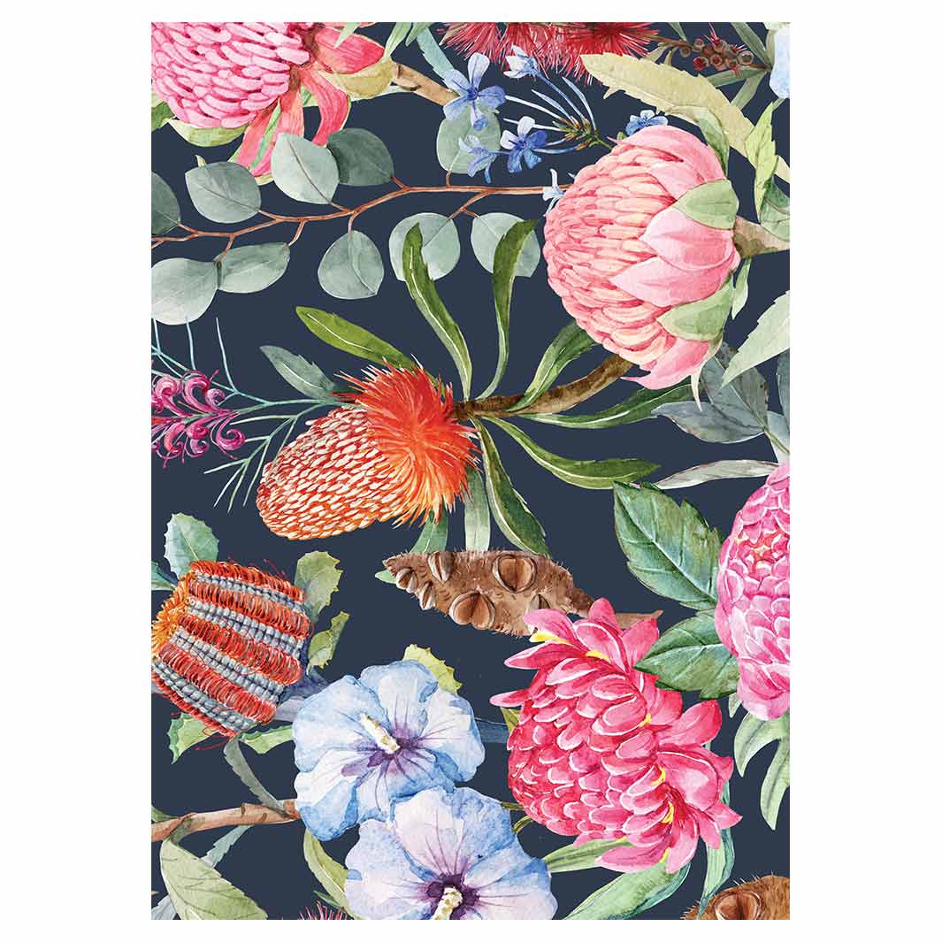 FLORAL NAVY MIXED FLOWERS WITH EUCALYPTUS LEAVES TEA TOWEL