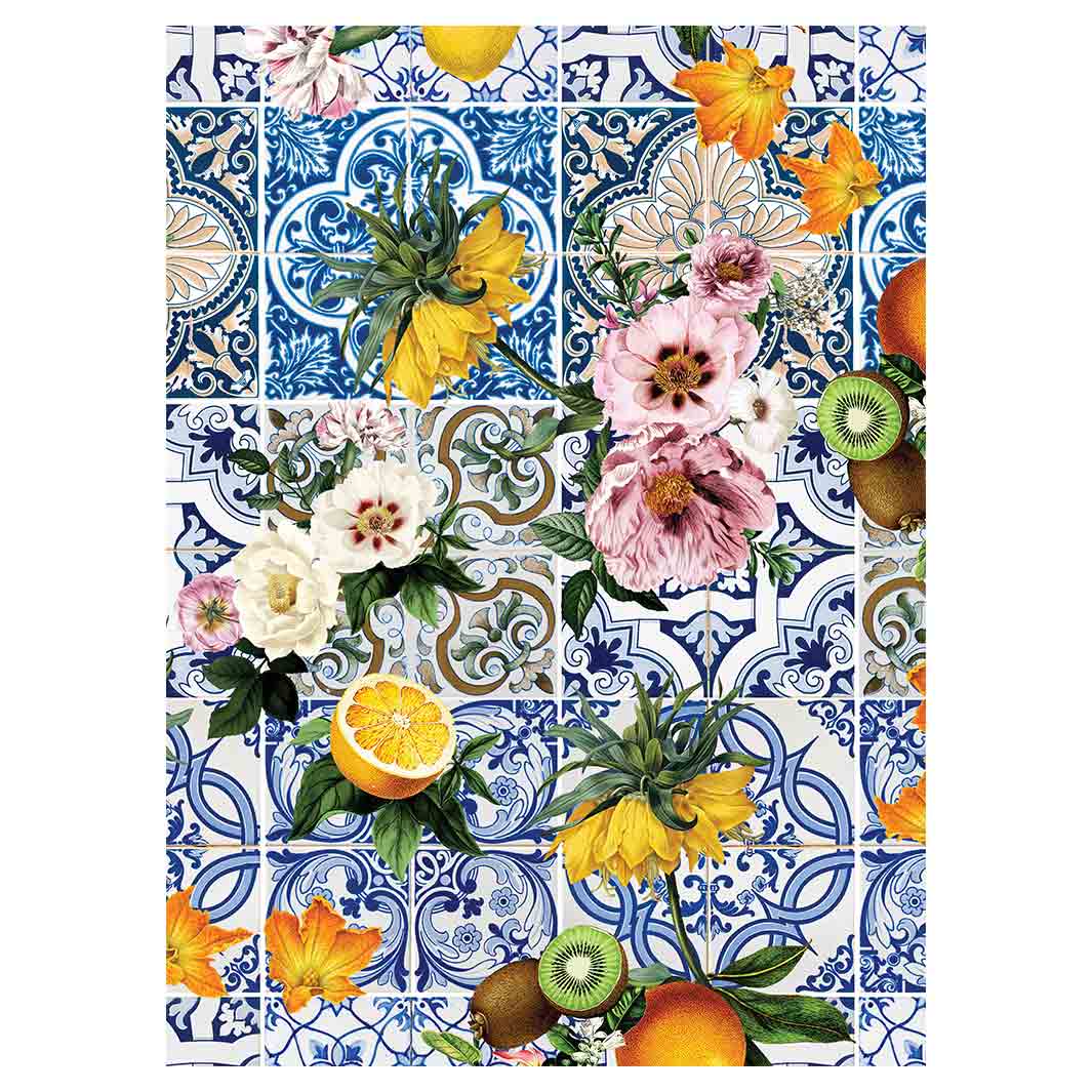 PATTERN BLUE LISBON TILE WITH LEMONS & FLOWERS TEA TOWEL