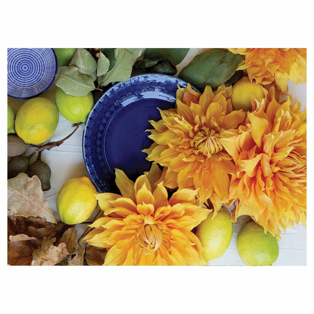 FLORAL YELLOW CHRYSANTHEMUM FLOWERS WITH FOLIAGE TEA TRAY