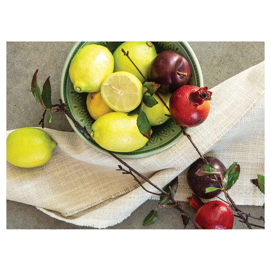 NATURAL RED POMEGRANATES AND LEMONS WITH LINEN TEA TRAY