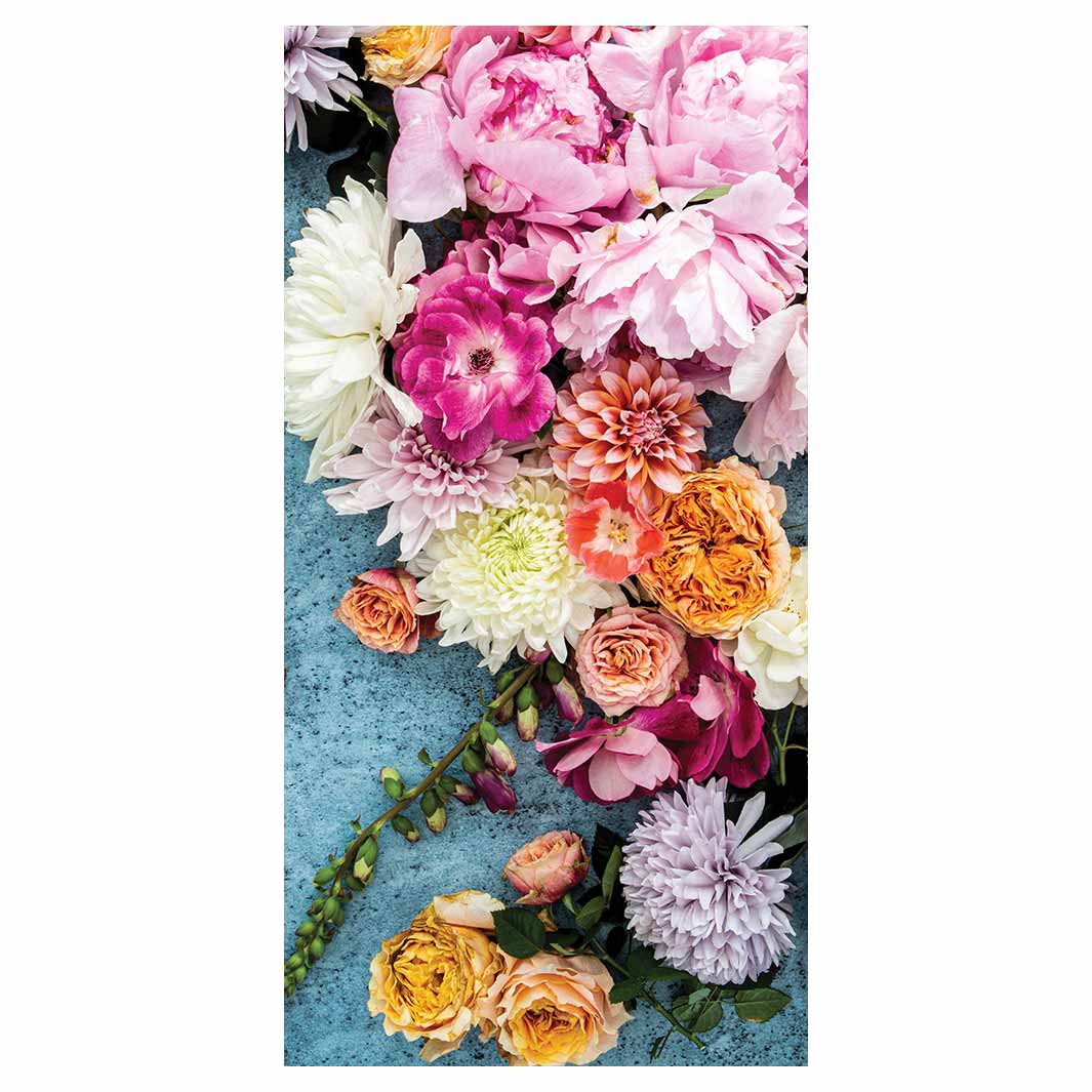 FLORAL PINK PEONY AND DAHLIA BOUQUET ON BLUE VINYL FOAM RUNNER MAT