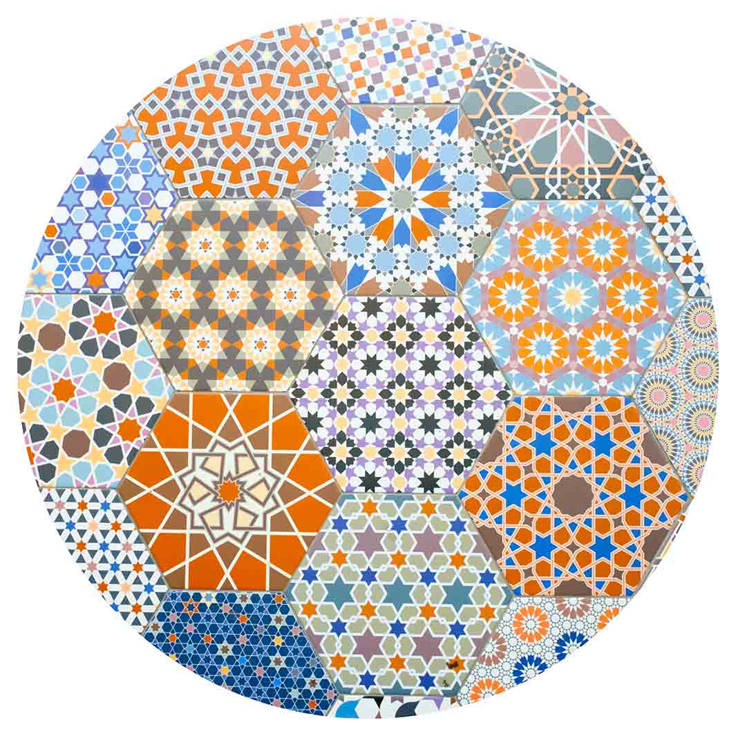 HEXAGON ORANGE AND BLUE PATTERN TILES VINYL FOAM ROUND MAT