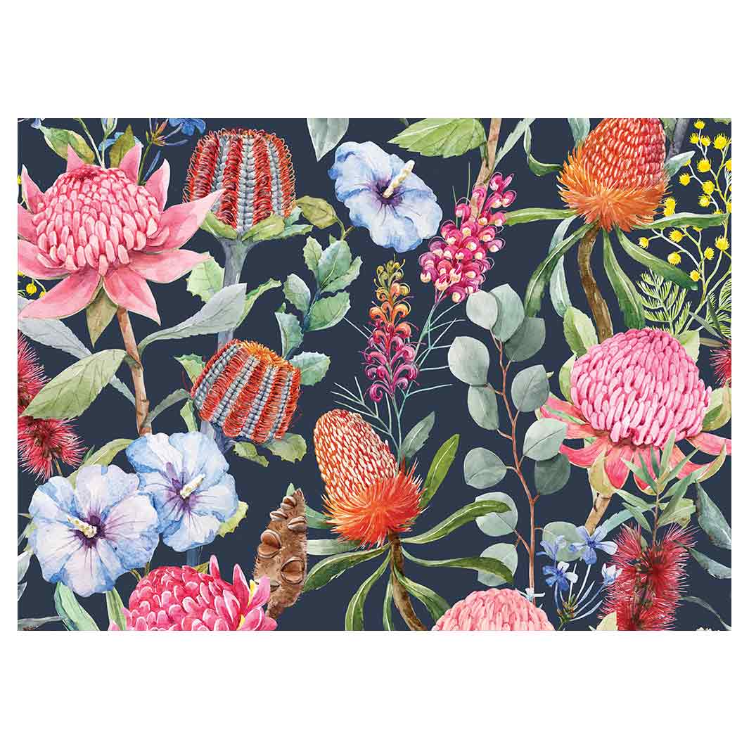 FLORAL NAVY MIXED FLOWERS WITH EUCALYPTUS LEAVES VINYL FOAM MAT