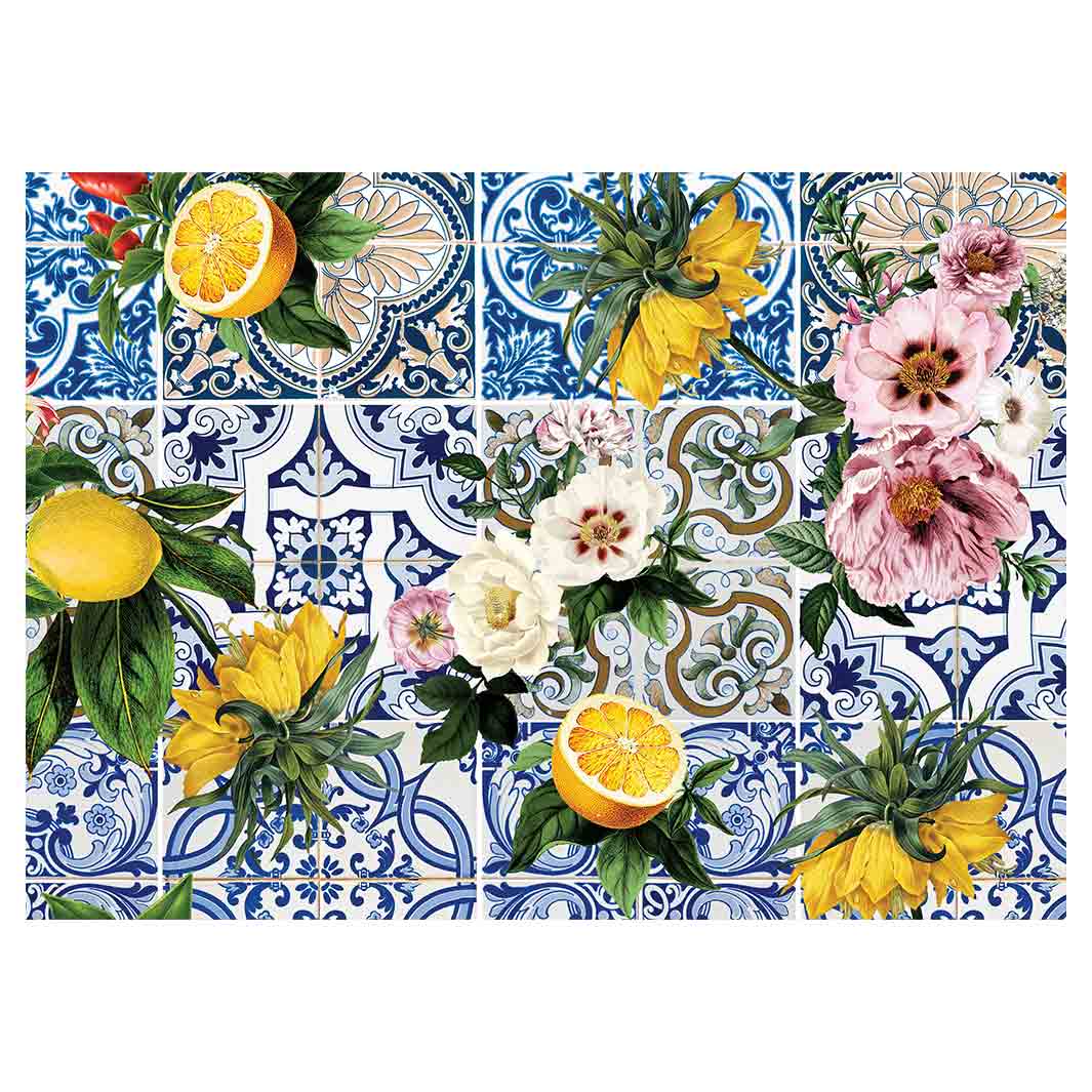 PATTERN BLUE LISBON TILE WITH LEMONS & FLOWERS VINYL FOAM MAT