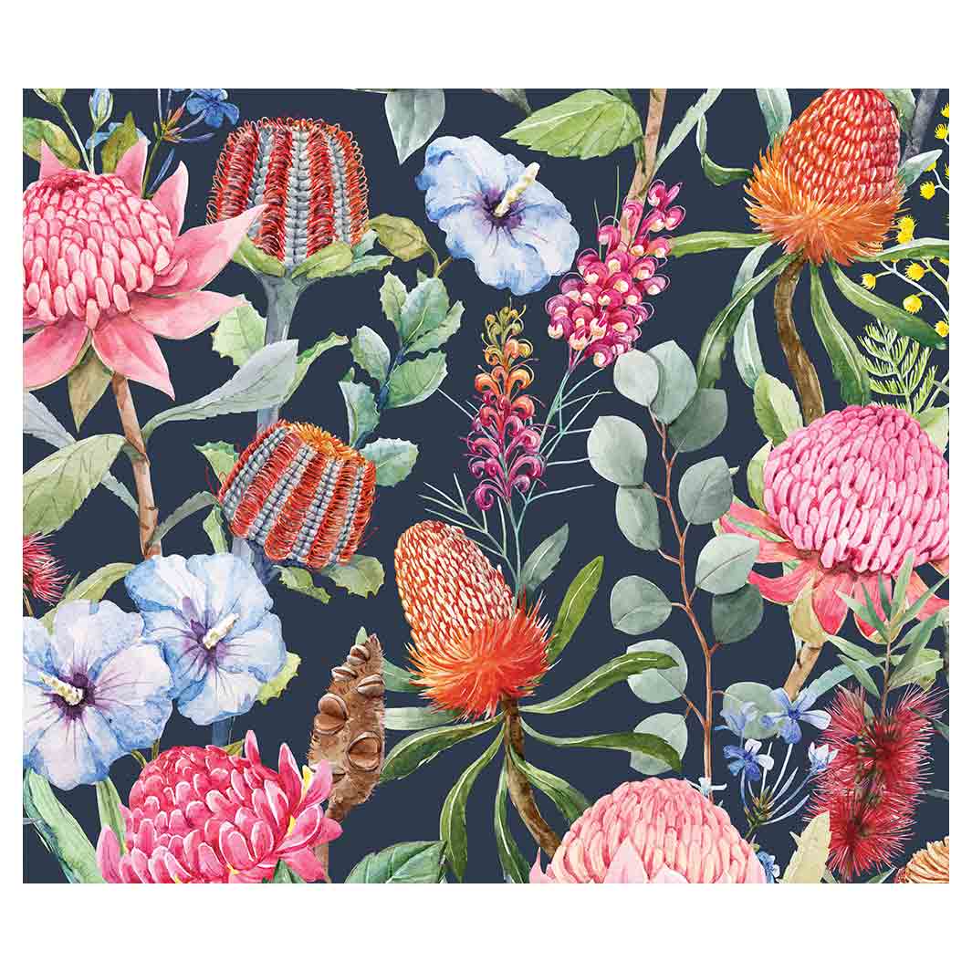 FLORAL NAVY MIXED FLOWERS WITH EUCALYPTUS LEAVES VINYL FOAM MAT