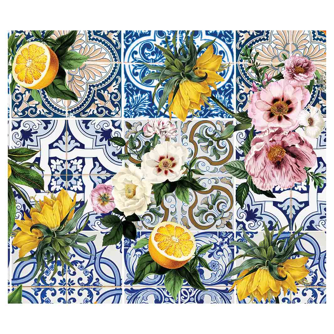 PATTERN BLUE LISBON TILE WITH LEMONS & FLOWERS VINYL FOAM MAT