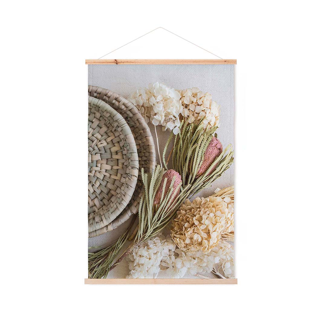 FLORAL CREAM AND GREY BASKET WITH PINK BANKSEAS WALL HANGING