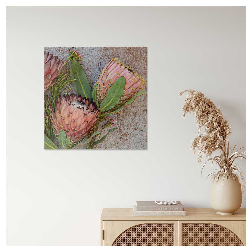 FLORAL PINK MIXED PROTEAS PERSPEX