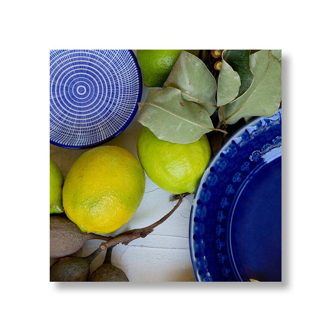 FLORAL LEMONS AND BLUE PLATES WITH FOLIAGE PERSPEX